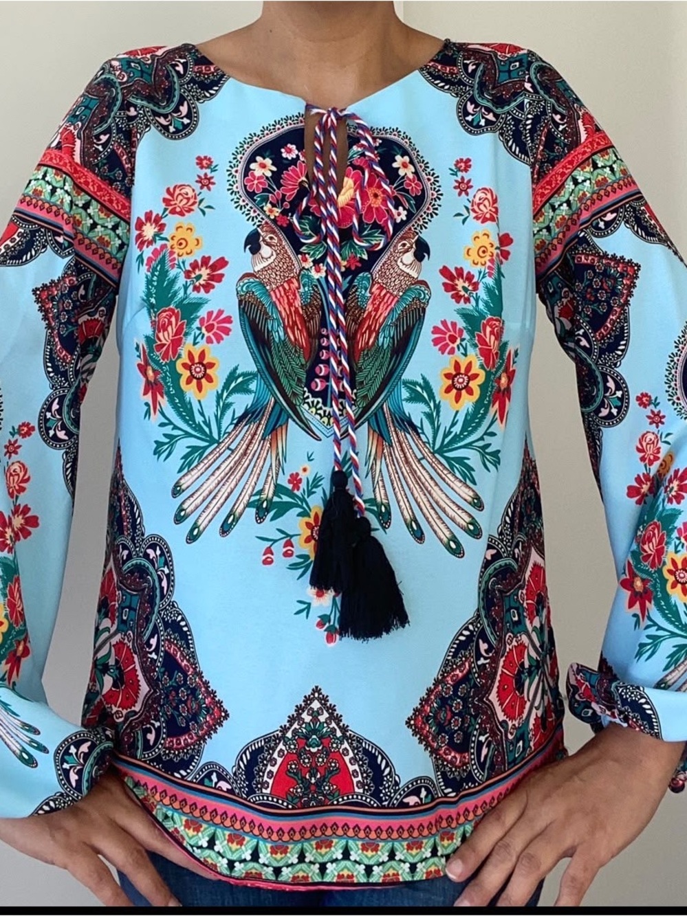 Everly Blue Parrot Floral Tassel Blouse